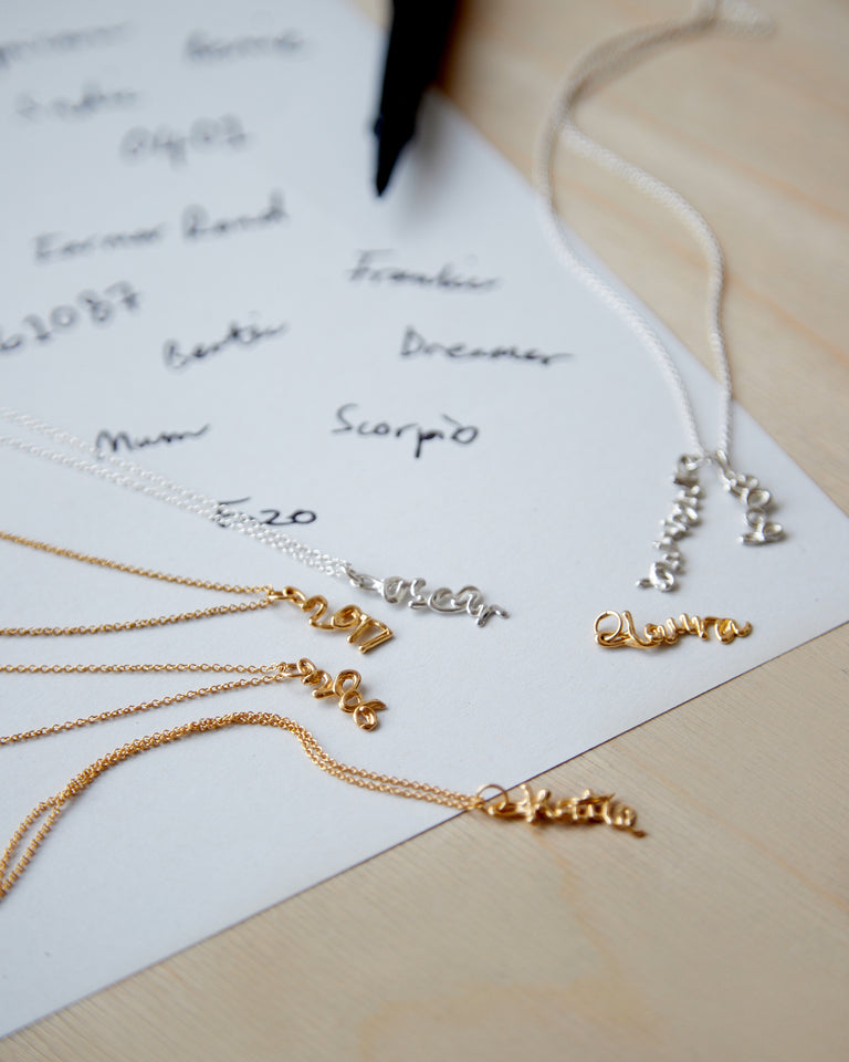 Script Pendant necklaces made sustainably by BAR Jewellery