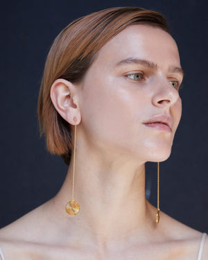 BAR Jewellery Sustainable Neverending Road Earrings In Gold Drop Style, Placed On Ear