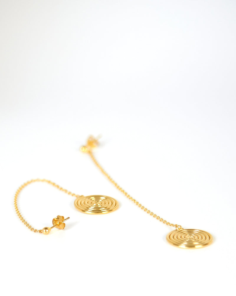 BAR Jewellery Sustainable Neverending Road Earrings In Gold Drop Style, Placed On Ear