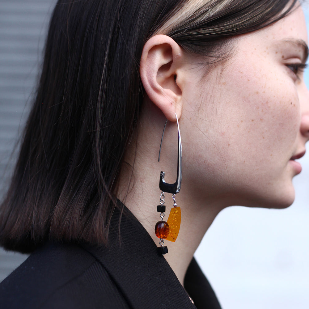 
            
                Load image into Gallery viewer, BAR Jewellery Sustainable Rise Earrings In Silver With Coloured Resin, Placed On Ear
            
        