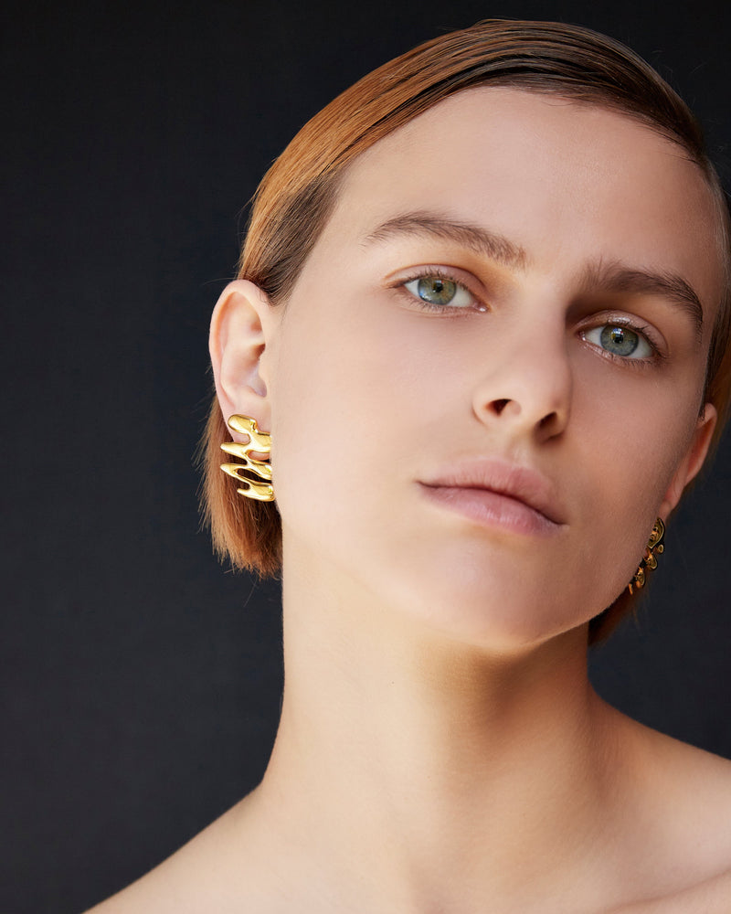 
            
                Load image into Gallery viewer, BAR Jewellery Sustainable Small Vega Earrings In Gold Drop Style, Placed On Ear
            
        