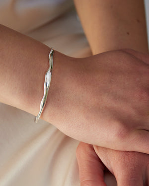 
            
                Load image into Gallery viewer, BAR Jewellery Sustainable Fine Ripple And Wide Ripple Bracelets In Silver, Worn On Wrist
            
        